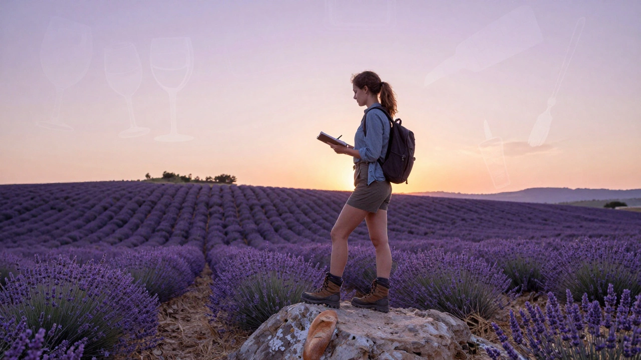 A woman stands in a vast lavender field at dawn in Provence, notebook in hand, symbolizing meaningful local travel.