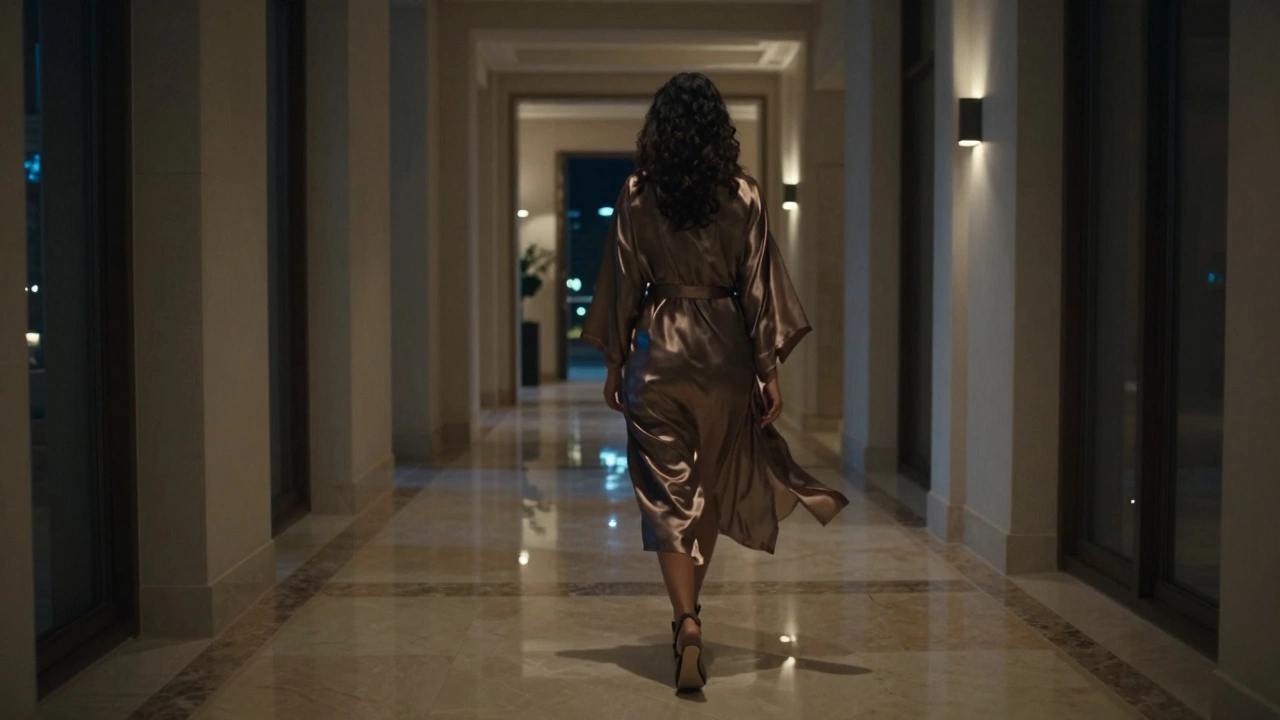 A woman walks alone through a luxurious Dubai villa corridor at night, city lights reflecting on marble.