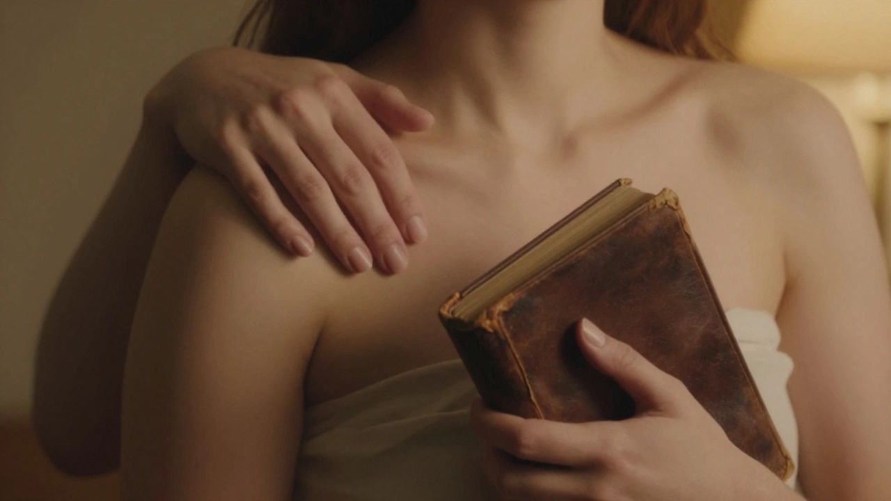 Gentle hands rest on shoulder and hold a book, conveying quiet connection without faces.