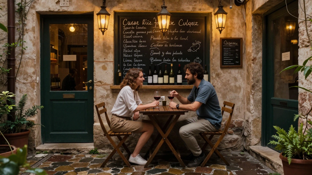 Two people share wine in a cozy Lyon courtyard, lanterns glowing, rain-dampened cobblestones reflecting the light.